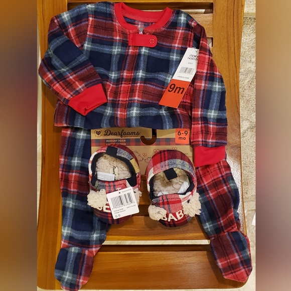 NWT SET of 9M Eddie Bauer Onesie Sleeper and Dearfoams Baby Bear Slippers 6-9M - Picture 1 of 13